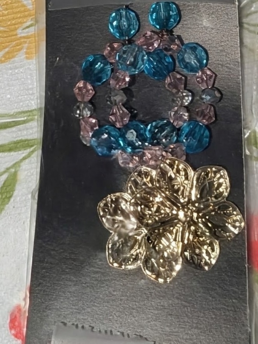 Gold Floral Drop Earrings with Blue and Pink Beads